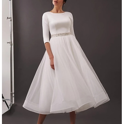 

A-Line Wedding Dresses Jewel Neck Tea Length Satin Tulle Half Sleeve Simple Vintage Little White Dress 1950s with Sashes / Ribbons 2022