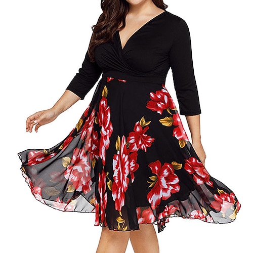 

Women's Plus Size Holiday Dress Floral V Neck Print Half Sleeve Fall Winter Casual Midi Dress Daily Dress