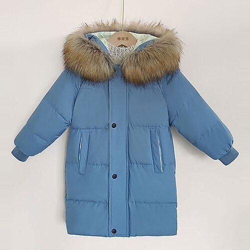 

Kids Down Coat Fur Collar Outerwear Plain Long Sleeve Pocket Coat Street Active Sport Green Black Blue Winter Fall 3-12 Years