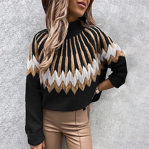 

Women's Pullover Sweater jumper Jumper Knit Cropped Knitted Geometric Turtleneck Ethnic Style Vintage Style Daily Date Drop Shoulder Winter Fall Green khaki S M L / Long Sleeve / Regular Fit