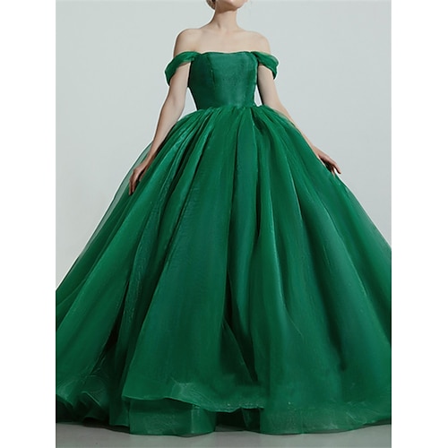 

Ball Gown Prom Dresses Luxurious Dress Quinceanera Sweep / Brush Train Short Sleeve Off Shoulder Organza with Sleek Pleats 2022