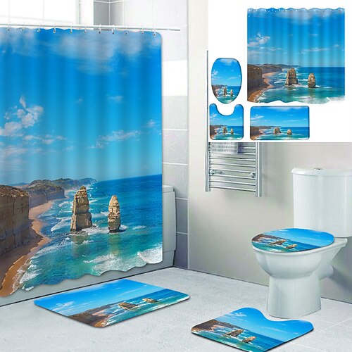 

Beautiful Beach Printed Bathroom Home Decoration Bathroom Shower Curtain Lining Waterproof Shower Curtain With 12 Hooks Floor Mats and Four-Piece Toilet Mats.