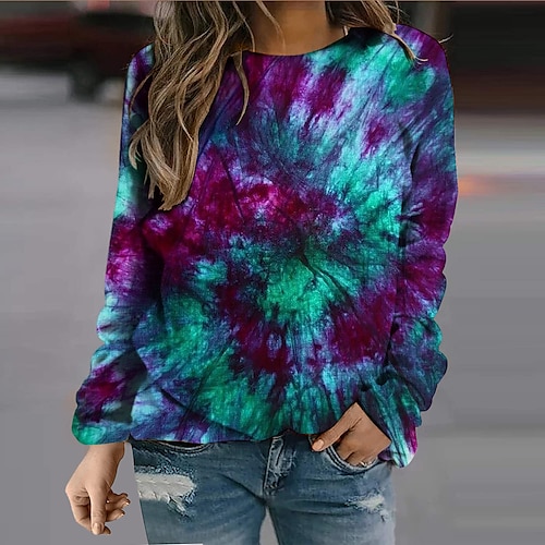 

Women's Sweatshirt Pullover Active Streetwear Print Purple Tie Dye Daily Round Neck Long Sleeve S M L XL XXL / 3D Print
