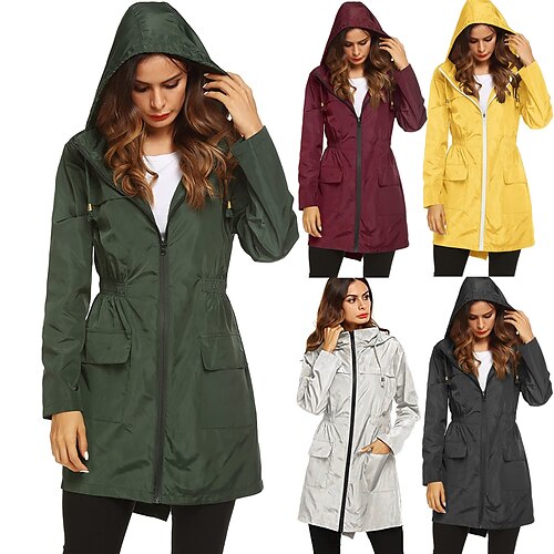 

women raincoat waterproof rain jacket trench coat hooded jacket outdoor windbreaker long coat top water resistant windproof lightweight casual hiking fishing climbing