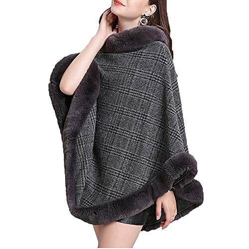 

Women's Poncho Sweater Pullover Sweater jumper Jumper Knit Tunic Patchwork Print Check Crew Neck Stylish Elegant Party Daily Winter Fall khaki Grey One-Size / Long Sleeve / Faux Fur / Regular Fit