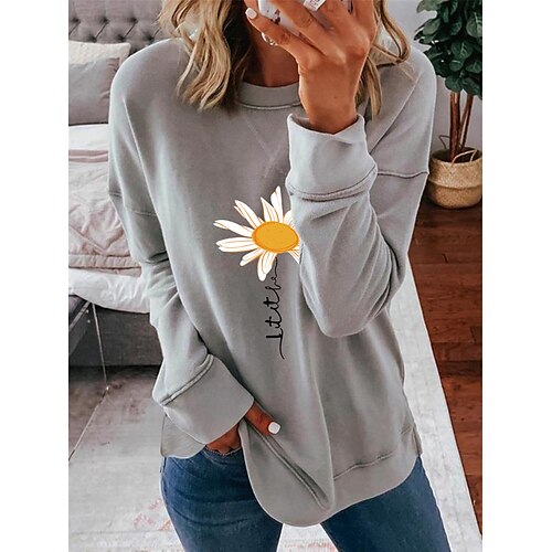 

Women's Sweatshirt Pullover Casual Blue Gray Pink Floral LOVE Loose Fit Crew Neck Long Sleeve Cotton S M L XL XXL