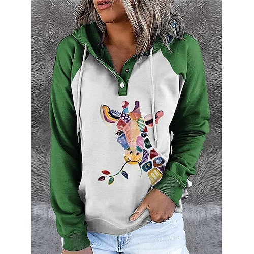 

Mujer Sudadera Pull-over Sudadera con capucha y botones Casual Verde Trébol Animal Holgado Con Capucha Manga Larga Algodón