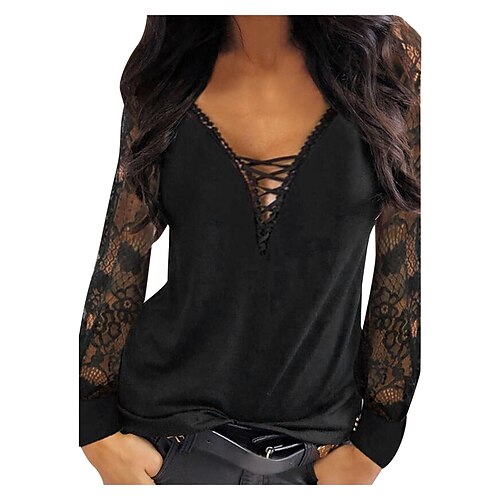 

Women's Blouse Shirt Blue Wine Black Plain Lace up Patchwork Long Sleeve Casual Weekend Streetwear V Neck Regular S