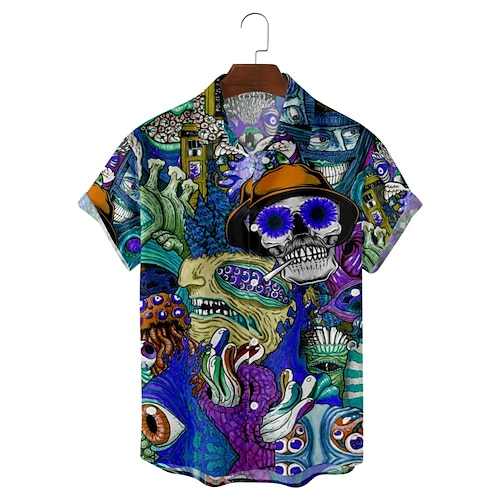 

Men's Shirt Summer Hawaiian Shirt Camp Collar Shirt Graphic Shirt Aloha Shirt Skull 3D Print Short Sleeve Casual Tops Loose Beach Blue Design