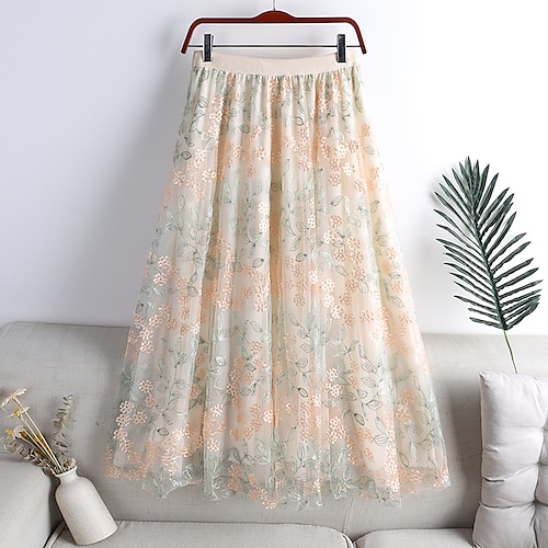 

Women's Swing Midi Organza Green Beige Skirts Summer Pleated Embroidered Layered Lined Basic Streetwear Date Weekend One-Size / Loose Fit