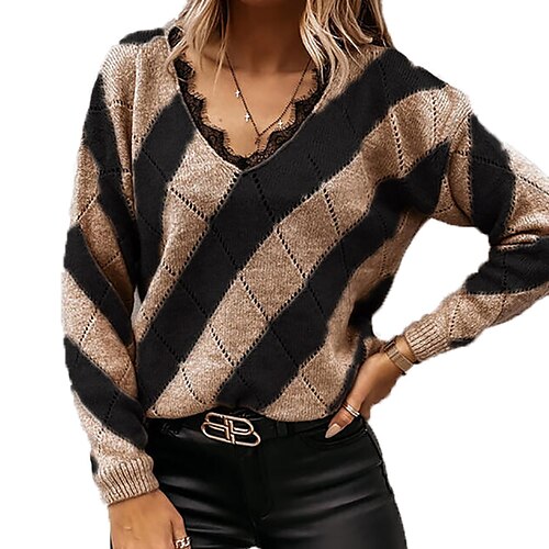 

Women's Jumper Knit Knitted Color Block V Neck Stylish Casual Daily Going out Winter Fall Khaki S M L / Long Sleeve / Sweater / Regular Fit