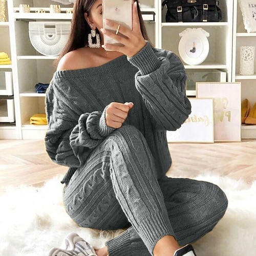 

Women's Sweater Set Jumper Cable Knit Knitted Solid Color Crew Neck Stylish Casual Outdoor Home Winter Fall Blue Pink S M L / Linen / Long Sleeve / Regular Fit