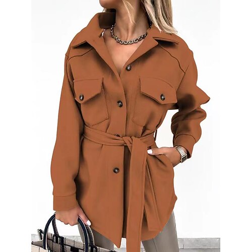 

Women's Coat Street Daily Winter Fall Regular Coat Regular Fit Warm Jacket Long Sleeve Solid Color Black Blue Yellow / Lace up / Patchwork / Pocket
