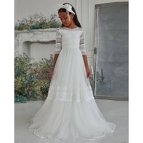 

Party Event / Party A-Line Flower Girl Dresses Jewel Neck Floor Length Polyester Winter Fall with Lace Appliques Cute Girls' Party Dress Fit 3-16 Years
