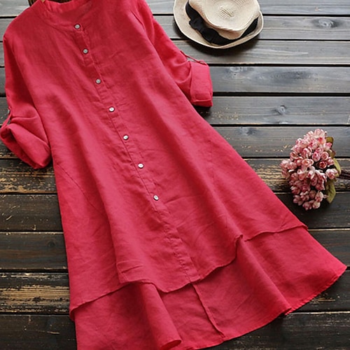 

Women's Plus Size Tops Tunic Blouse Plain Asymmetric Long Sleeve Standing Collar Basic Daily New Year Linen Fall Spring Red Navy Blue