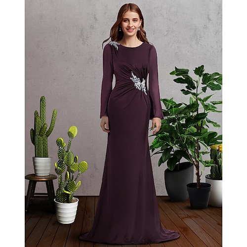 

A-Line Mother of the Bride Dress Elegant Jewel Neck Sweep / Brush Train Chiffon Long Sleeve with Lace Pleats Appliques 2022