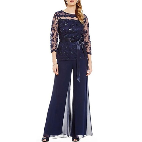 

Two Piece Pantsuit Mother of the Bride Dress Plus Size Jewel Neck Floor Length Chiffon Lace 3/4 Length Sleeve with Sash / Ribbon Bow(s) Beading 2022