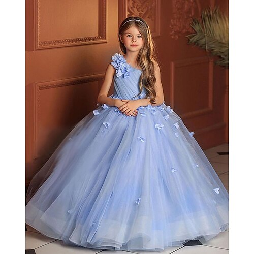 

Party Event / Party Princess Flower Girl Dresses One Shoulder Floor Length Polyester Spring Summer with Appliques Flower Cute Girls' Party Dress Fit 3-16 Years