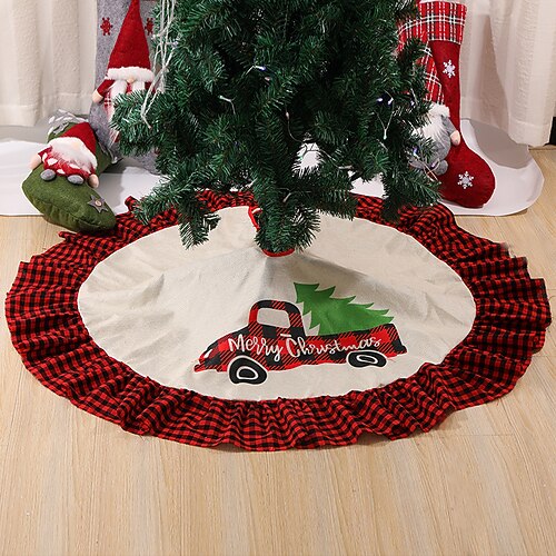 

122cm Christmas Tree Skirt Bottom Decoration Christmas Tree Apron Linen Red And Black Plaid Lace Tree Skirt