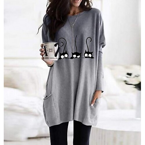 

Dame T shirt kjole Knælange Kjole Lyserød Blå Lilla Langærmet Kat Patchwork Forår Efterår Rund hals Afslappet Vinter kjole Efterårskjole Løstsiddende 2023 S M L XL XXL 3XL 4XL 5XL