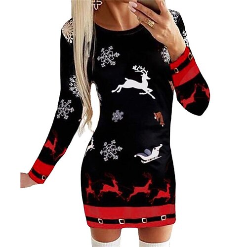 

Women's Christmas Sheath Dress Wine Red White Black Long Sleeve Geometric Snowflake Jacquard Print Winter Fall Casual S M L XL XXL