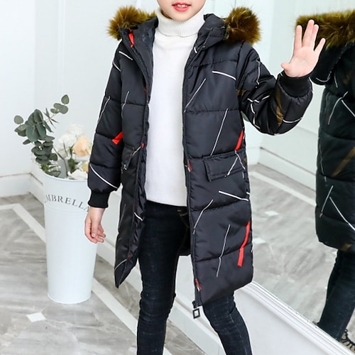 

Kids Girls' Coat Outerwear Striped Long Sleeve Zipper Coat Cotton Active Cute Black Winter Fall 3-8 Years