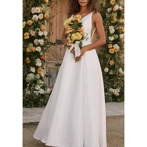 

A-Line Wedding Dresses V Neck Floor Length Satin Sleeveless Simple Sexy Backless with Pleats 2022