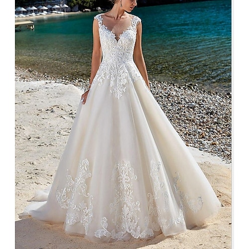 

A-Line Wedding Dresses V Neck Sweep / Brush Train Lace Tulle Sleeveless Formal Romantic Luxurious with Appliques 2022
