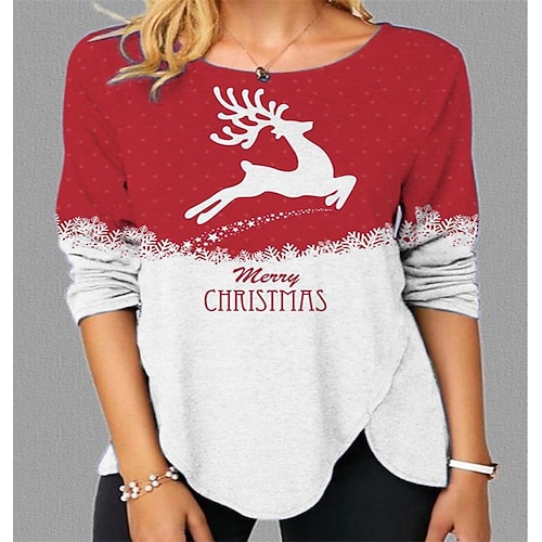 

Women's 3D Printed T shirt Reindeer Animal Print Round Neck Basic Tops Red