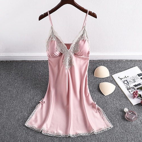 

Women's Pajamas Nightgown Nighty Pjs Pure Color Ultra Slim Hot Comfort Party Home Beach Satin Gift Straps Sleeveless Backless Chest pads Spring Summer Pink Light Green / Silk / Spandex / Sweet / Lace