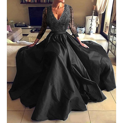 

A-Line Evening Dresses Elegant Dress Party Wear Floor Length Long Sleeve V Neck Tulle with Pleats Appliques 2022 / Illusion Sleeve / Formal Evening