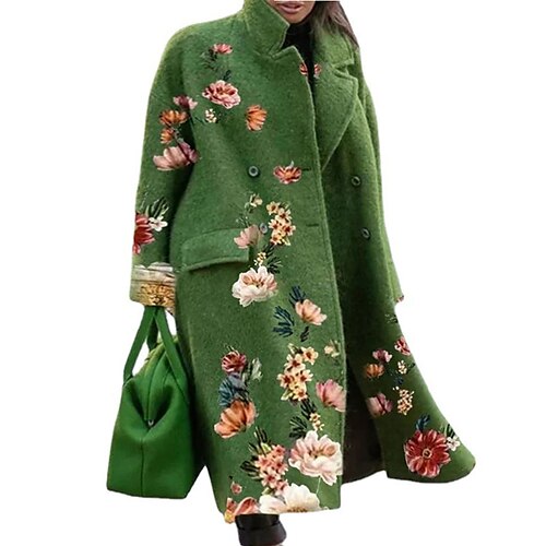 

Women's Plus Size Winter Coat Coat Button Pocket Floral Causal Vacation Long Sleeve Turndown Long Fall Spring Green L XL XXL