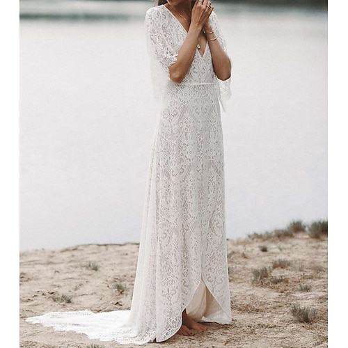 

Spiaggia / Destinazione Boho Abiti da sposa Strascico a terra Linea-A Mezza manica A V Di pizzo Con Con applique 2023 Primavera estate Abiti da sposa