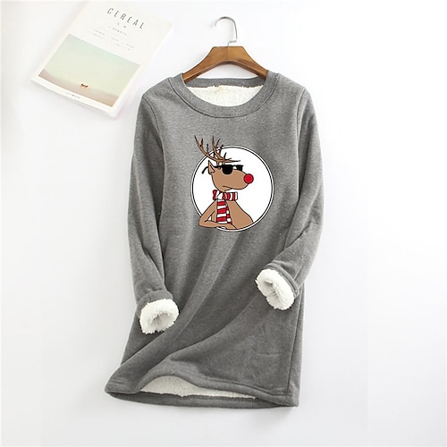 

Women's Plus Size Christmas Fleece Tops Animal Deer Print Long Sleeve Crew Neck Casual Sherpa Fleece Vacation Polyester Winter Fall Blue Wine / T Shirt Dress Tee Dress / Casual Dress