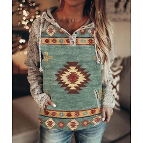 

Women's Hoodie Sweatshirt Geometric Front Pocket Print Hooded Daily Sports 3D Print Ethnic Streetwear Hoodies Sweatshirts Blue