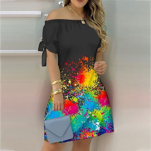 

Women's Casual Dress Mini Dress Green Black Blue Short Sleeve Floral Print Spring Summer Off Shoulder S M L XL XXL 3XL