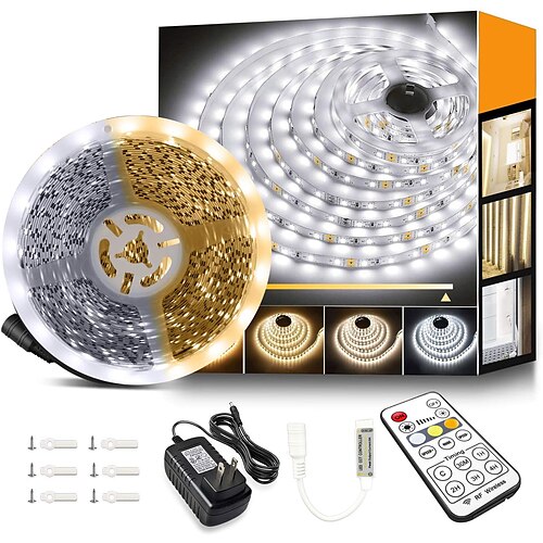 

LED Strip Light 5M 2x5M Dual Light Source Color LED Strip Light kit Dimmable Timing3000K-6000K 12V 2835 LED Tape Light with RF Remote Flexible for Kitchen Under Cabinet Mirror Room Indoor Home