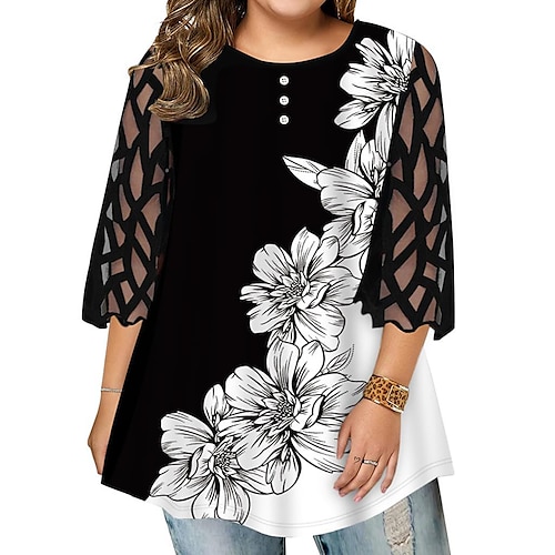 

Women's Plus Size Curve Tops Blouse Floral Print 3/4 Length Sleeve Crewneck Streetwear Daily Weekend Polyester Fall Blue White