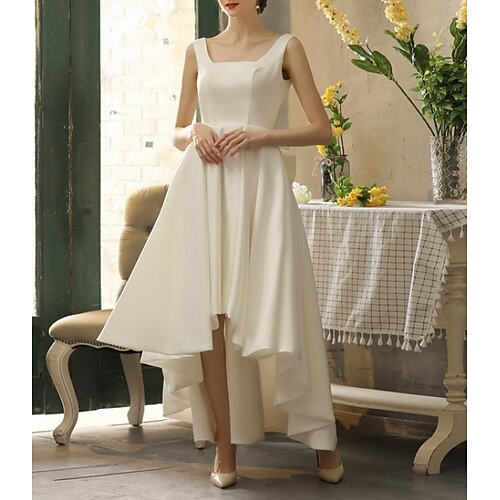 

A-Line Wedding Dresses Scoop Neck Asymmetrical Ankle Length Satin Sleeveless Simple Vintage Little White Dress Backless 1950s with Bow(s) Pleats 2022