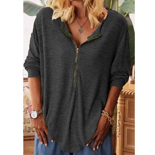 

Women's T shirt Tee Green Blue Purple Plain Patchwork Quarter Zip Long Sleeve Casual Weekend Basic V Neck Regular S