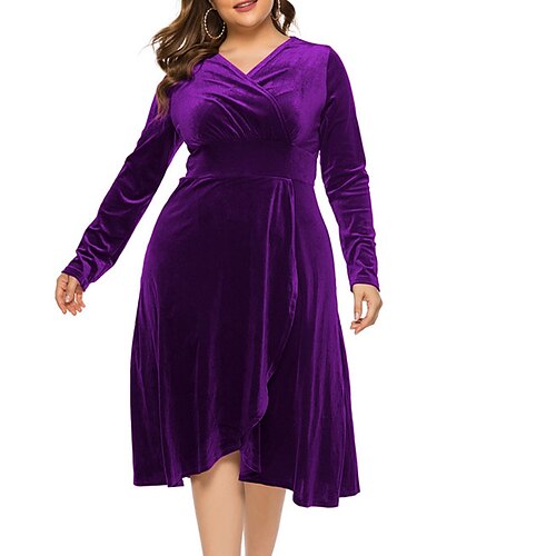 

Women's Plus Size Party Dress Velvet Solid Color V Neck Long Sleeve Fall Winter Formal Prom Dress Knee Length Dress Party Dress