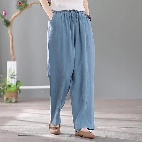 

Women's Plus Size Wide Leg Drawstring Pocket Solid Color Basic Chino Casual Daily Natural Ankle-Length Fall Spring Green Black Blue L XL XXL 3XL 4XL / Cotton / Slim