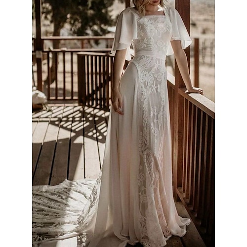 

Sheath / Column Wedding Dresses Square Neck Sweep / Brush Train Chiffon Lace Short Sleeve Romantic Beach Vintage with Appliques 2022