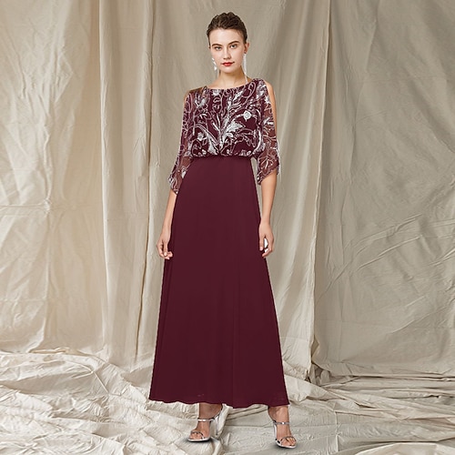 

A-Line Mother of the Bride Dress Elegant Jewel Neck Floor Length Chiffon Lace Half Sleeve with Appliques 2022