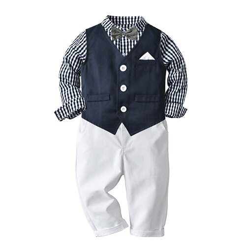 

4 Stück kinderkleidung Jungen Anzug Blazer Kleidungsset Outfit Feste Farbe Plaid Langarm Baumwolle Set Urlaub Basic Herbst Frühling 2-6 Jahre Blau