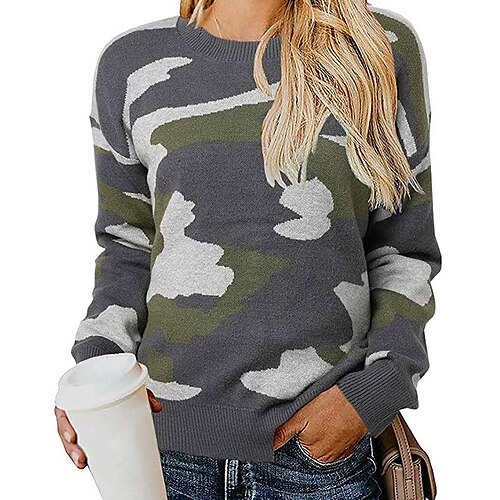 

Women's Pullover Sweater jumper Jumper Knit Knitted Camouflage Crew Neck Stylish Casual Outdoor Home Winter Fall Dark Gray Beige S M L / Long Sleeve / Regular Fit