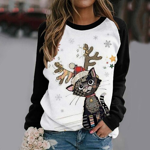 

Women's Sweatshirt Cat Reindeer Ugly Christmas Print Christmas Gifts Casual Daily 3D Print Basic Streetwear Hoodies Sweatshirts Black Green Red