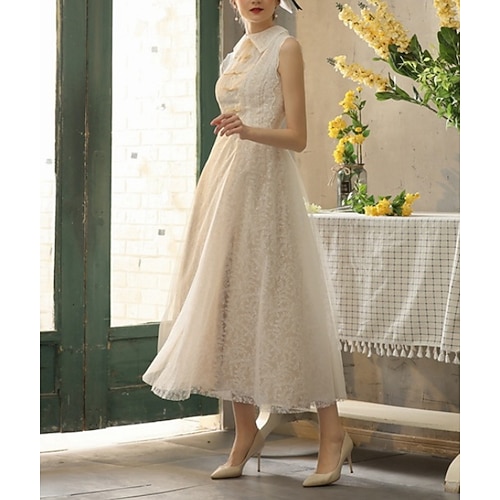 

A-Line Wedding Dresses High Neck Tea Length Lace Tulle Short Sleeve Romantic Vintage 1950s with Appliques 2022