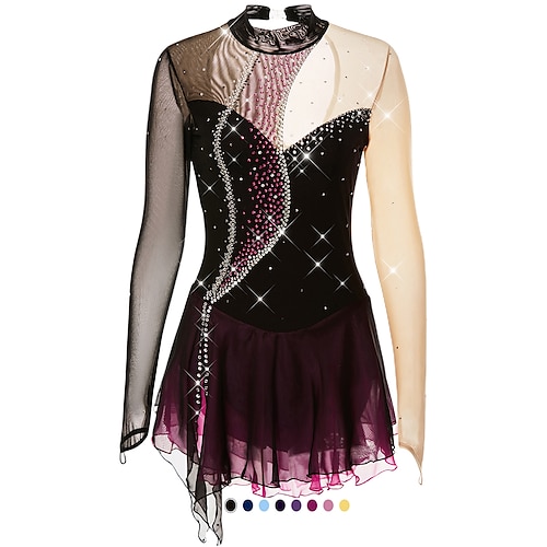 

Figure Skating Dress Women's Girls' Ice Skating Dress Outfits Light Purple Dark purple Black and Purple Open Back Mesh Spandex High Elasticity Competition Skating Wear Handmade Crystal / Rhinestone