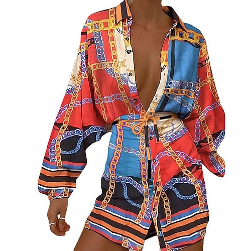 

Women's Shirt Dress Red White Long Sleeve Letter Button Fall Shirt Collar Winter Dress Fall Dress S M L XL XXL